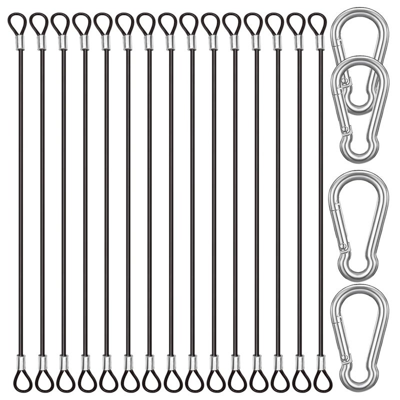 CKANDAY 15 Pack 8 Inch(20cm) Stainless Steel Tethers with 4 Pcs Spring Snap Hook Clips, Steel Wire Cable with Loops Vinyl Cover Coated Short Rope Lanyard Lock Tether Chains, Black - Image 1